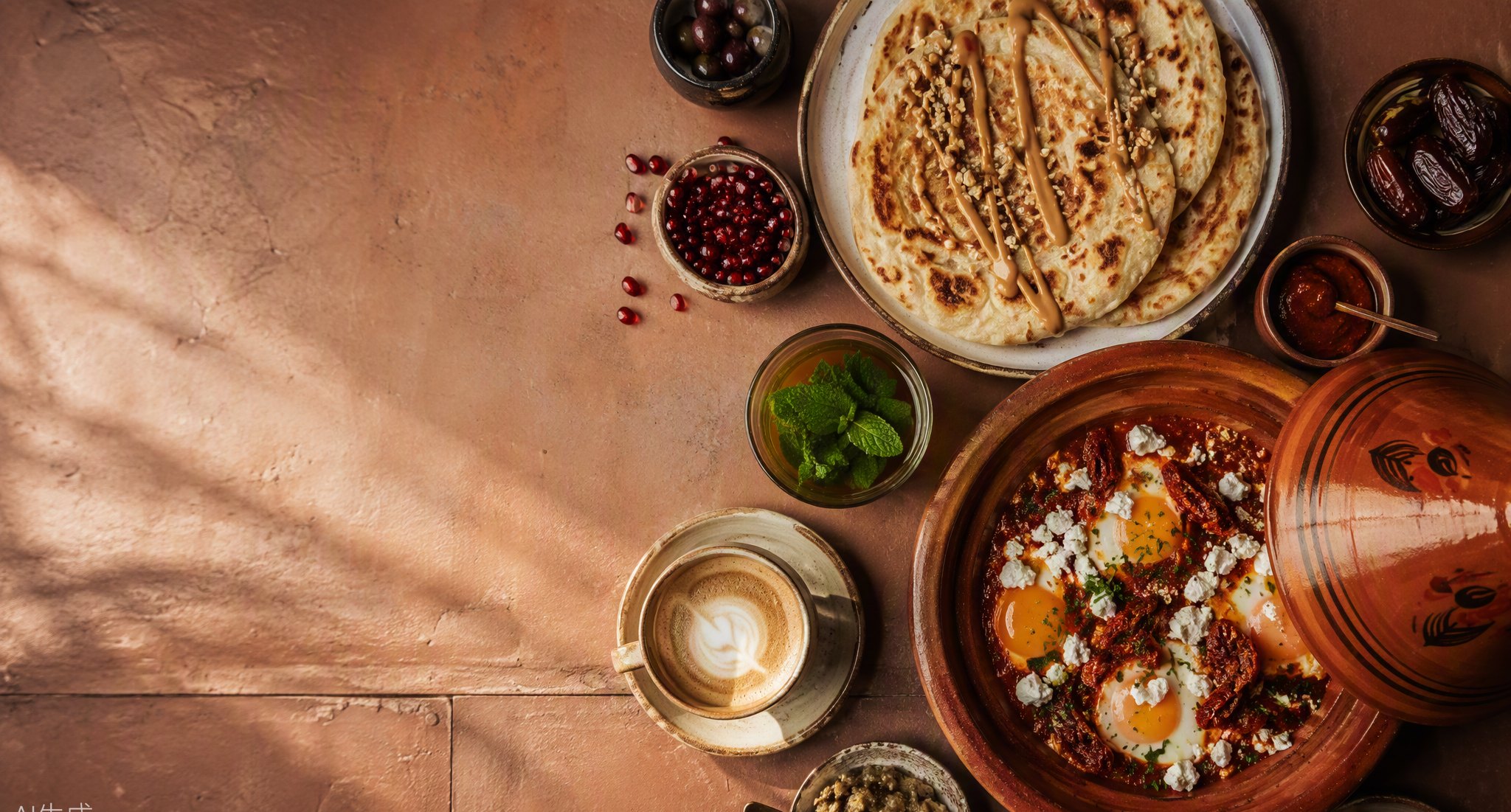 Fesi Brunch-Tafel von oben: Msemmen, Eier in der Tagine, Atay und Flat White